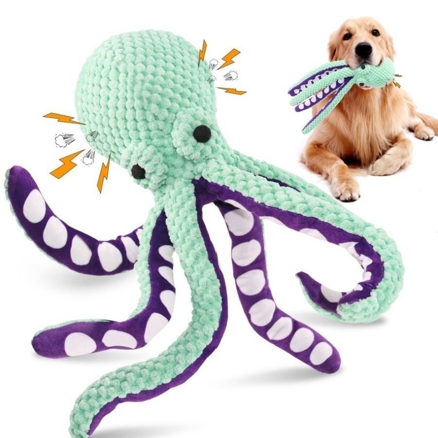 Indestructible Dog Chew Toy - ของเล่นสุนัขตุ๊กตาปลาหมึกมีเสียง ของเล่นกัดแทะสำหรับเด็กทารกที่ทนทาน ของเล่นมีเสียงแบบโต้ตอบ ช่วยคลายเครียดและลดความเบื่อสำหรับสัตว์เลี้ยง สุนัข และแมว