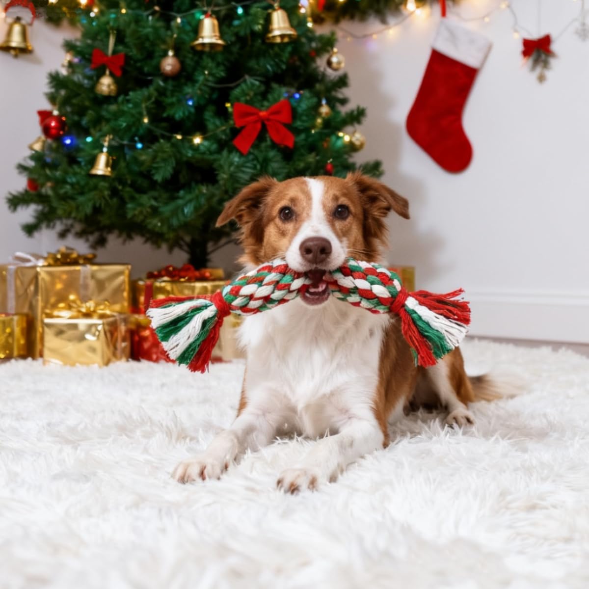Teeth Cleaning Dog Chew Bone - ของเล่นสำหรับสุนัขทำจากเชือกฝ้าย ใช้สำหรับขัดฟันลูกสุนัขในช่วงคริสต์มาส ชุดประกอบด้วยของเล่นรูปกระดูก ไม้เท้า และพู่ประดับ เหมาะสำหรับเป็นของขวัญในเทศกาลคริสต์มาส