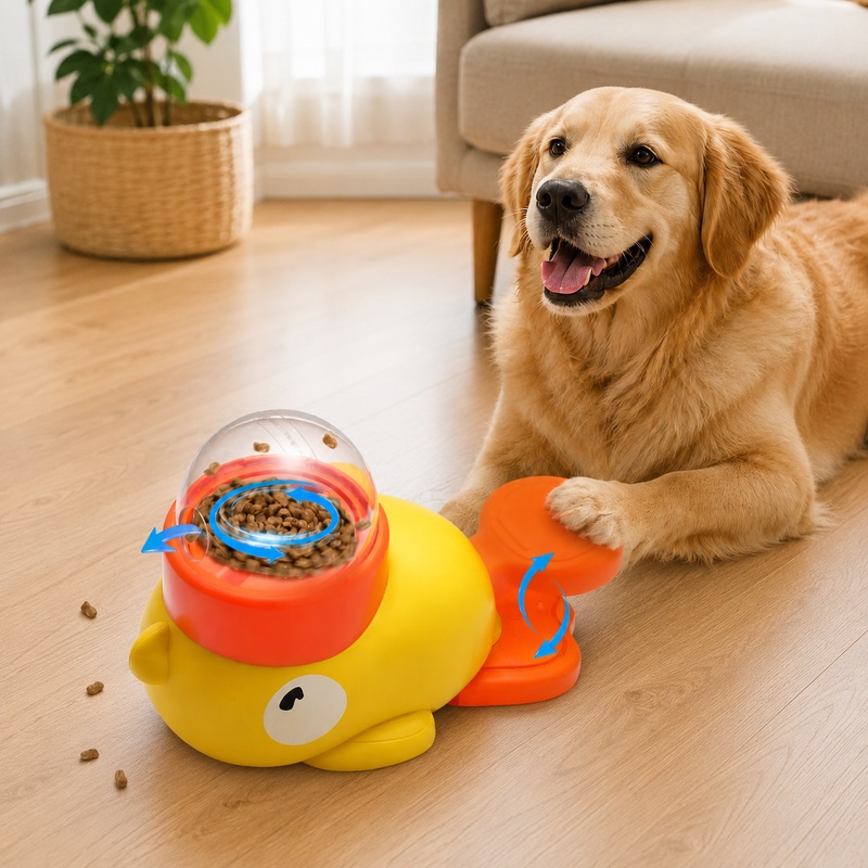 Dog Puzzle Feeder Toy - ของเล่นฝึกสัตว์เลี้ยงแบบอินเทอร์แอคทีฟรูปเป็ดการ์ตูน - เครื่องให้อาหารสุนัขแบบจ่ายอาหารช้าอัตโนมัติ